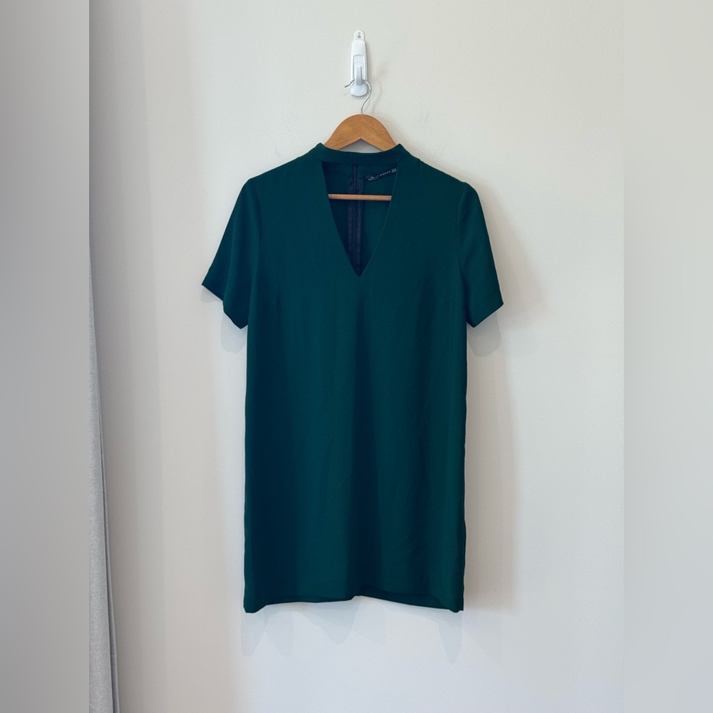Zara Womens M Choker V Neck Plunge Shift Mini Dress Forest Green Boho Short Fun - Picture 4 of 14